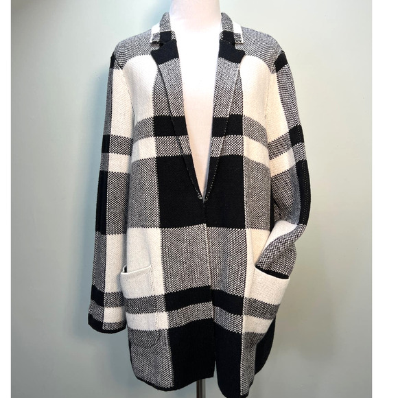 Talbots Cardigan Sweater Jacket Petite Large Black Plaid Shacket Pockets - Picture 2 of 9